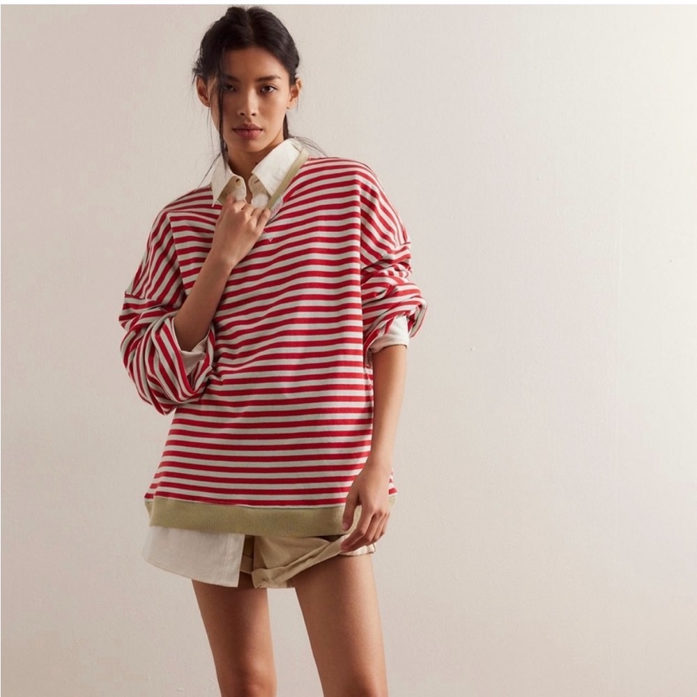 Free people classic oversized striped sweatshirt Cherry Red XS BNWT